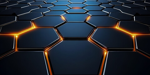 Aufkleber - Futuristic abstract hexagonal background with dark metallic surface and glowing orange lines for digital media and graphic design

