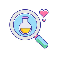 Poster - science research love with magnifying glass and flask for scientific discovery and analysis