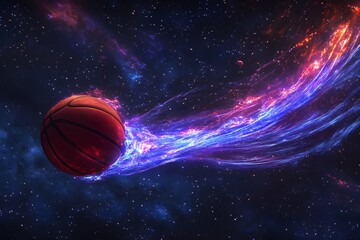 Wall Mural - Basketball floating in space with nebula clouds and sparkling stars in a cosmic view