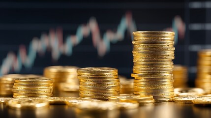 Poster - Stacks of gold crypto coins with a financial market chart in the background, useful for content about fintech, stock market and financial growth