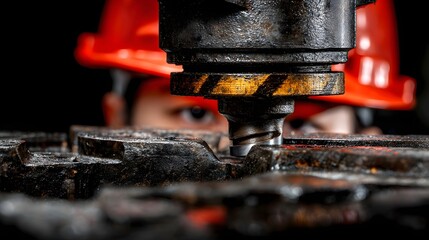 Poster - Close-up of a factory worker concentrating on operating a machine with metal work process