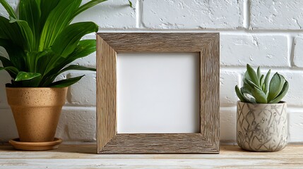 Aufkleber - Square rustic wooden frame with a natural finish, perfect for displaying photos or artwork, set against a white or