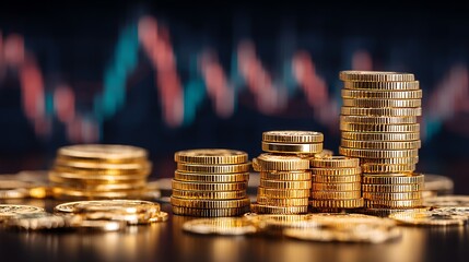 Poster - Stacks of gold crypto coins with a financial market chart in the background, useful for content about fintech, stock market and financial growth