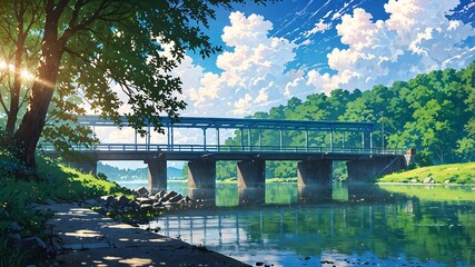 Poster - a peaceful, tranquil scenery of a bridge over a river, with lush greenery and a bright blue sky with puffy clouds and the sun shining through the trees.