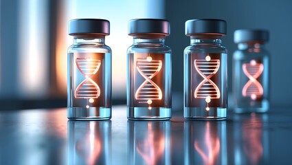Poster - DNA strands glowing within transparent glass vials, symbolizing scientific advancement and biological breakthroughs.