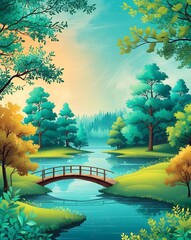 Poster - Serene landscape featuring a small bridge spanning a flowing river, under a blue sky, surrounded by lush trees and vibrant nature.