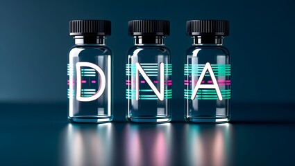 Poster - close-up shot of three DNA vials, a scientific concept with a neon appearance and medical theme. the bottles are neatly arranged, standing side by side on a dark blue surface.