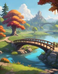 Poster - A captivating landscape of a scenic lake with bridges leading towards a majestic castle in the distance
