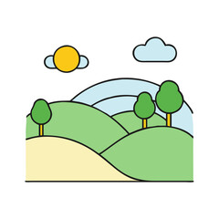 Wall Mural - vector landscape illustration of rolling hills with trees sun and cloud graphic design