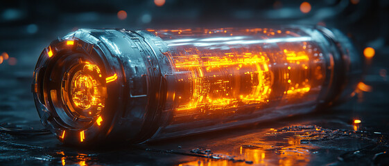 Poster - Futuristic glowing electric battery module with hightech design and vibrant orange light