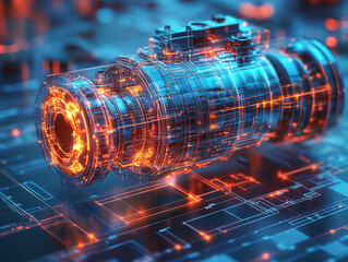 Poster - Futuristic mechanical CAD drawing of complex cylindrical device glowing with blue and orange