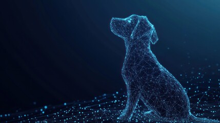 Poster - Abstract polygonal wireframe dog sitting, dark blue background.