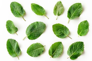 Poster - Tropical leaves frame with mint green with white background. Macro photography of green leaves placed on white background with various pattern. Digital image for botanical and summer design. AIG51.