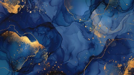 Poster - Navy blue and gold abstract ink painting. Artistic design concept. Abstract background image of colorful marble texture or watercolot with blue, white and gold color mixing together. Fluid. AIG51.