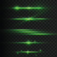 Poster - Glowing green stripes. Pack of horizontal glare, laser beams.Light rays.Vector illustration.