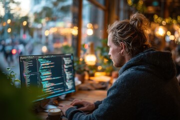 Person Coding at Computer with Coffee on Wooden Table near Window with Blurred Lights in Background