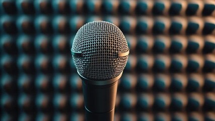 Poster - Golden microphone capturing sound in a professional recording studio, with audio editing software displayed on a computer screen in the background