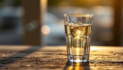 Poster - Brightly lit glass of water positioned on table against a soft background for refreshing effect