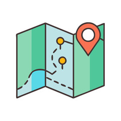 Poster - Find location on folded travel map with destination pin and route for vacation planning trip