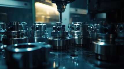 Poster - Close-up of CNC machining process, metal parts being manufactured.