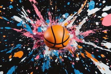 Poster - A basketball surrounded by colorful paint splashes on a dark black background in a studio shot
