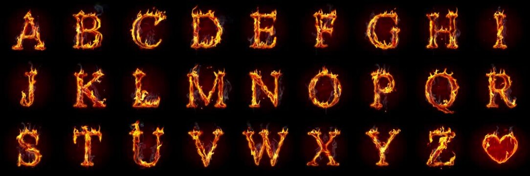 Fire letters isolated on black background. Burning alphabet and heart symbol. Made of real flames, sparks and smoke in slow motion.
