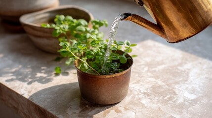 Poster - A young basil plant receives care as it is watered from a small copper can. Soft sunlight enhances the earthy pot, creating a fresh and inviting atmosphere