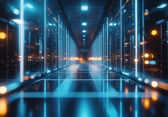 Poster - Stylized futuristic server room with vibrant reflections and glowing lights, best for concepts involving AI, cloud technology, and digital transformation visuals