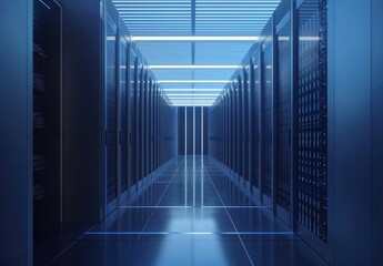 Poster - Brightly lit futuristic server corridor with reflective floors and glowing blue panels, ideal for technology, IT support, or data-driven visuals and backgrounds