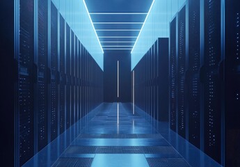Poster - Futuristic data center hallway with glowing blue lights and symmetrical rows of servers, ideal for illustrating technology, cybersecurity, and IT infrastructure themes