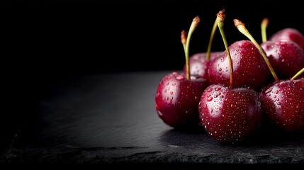 Leinwandbilder - Glossy red cherries with dew drops are elegantly arranged on a slate surface, illuminated by soft studio lighting, offering an appealing dark backdrop
