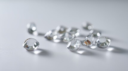 Leinwandbilder - Collection of glistening water droplets rests on a smooth surface against a white background, highlighting reflections and textures with cool-toned lighting