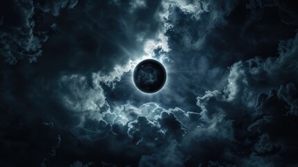 solar eclipse behind dark clouds in a dramatic sky. space photography capturing celestial event. nat
