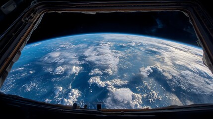 Poster - View of earth planet from space station window with clouds and atmosphere against the backdrop of space