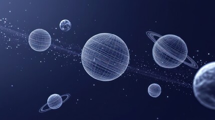 Wall Mural - wireframe planets orbiting in a dark blue space, showing rings and stars.