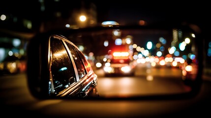 Leinwandbilder - View from rearview mirror on police car with flashing lights is driving on city street at night