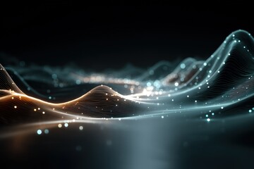 Fototapete - Abstract digital waves with glowing particles in dark background