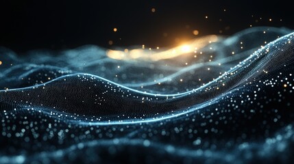 Fototapete - Abstract wave patterns with glowing light and sparkling particles in dark environment