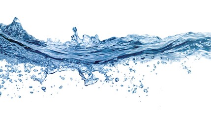 Poster - Water splashes and drops isolated on white background, abstract background with blue water wave