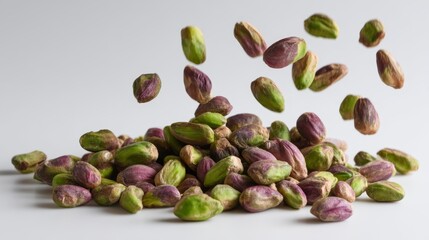 Aufkleber - Suspended shelled pistachios are artistically showcased against a bright background, emphasizing their vibrant colors and textures with ample empty space on one side