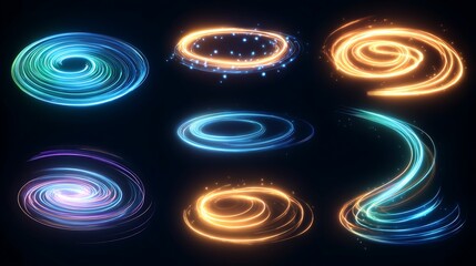 Fototapete - Waved neon lights with swoosh effects, realistic modern illustration set of glowing swirl lines, flare circular and vortex spins, abstract 3d glow twirling trail concept