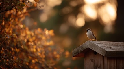 Poster - A sparrow rests on a wooden birdhouse, illuminated by warm golden light at dusk with autumn leaves adding a rich backdrop, creating a peaceful atmosphere