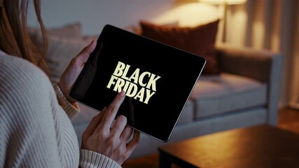Aufkleber - Relaxed woman lounging on comfortable home couch, scrolling through enticing black friday deals on digital tablet, savoring convenience of modern online shopping experience