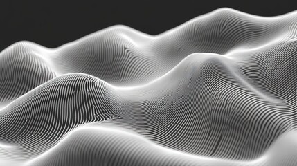 Poster - Abstract grayscale 3D rendering of undulating, textured lines forming wave-like hills and valleys.