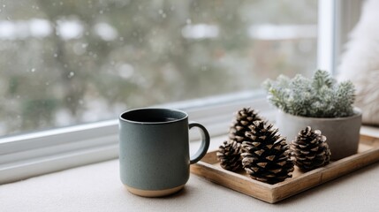 Poster - A cozy winter setting features a coffee mug next to a small plant and pinecones on a tray, with snow gently falling outside the window