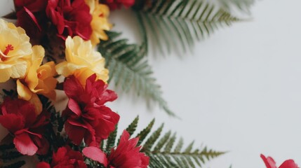 Leinwandbilder - A lively arrangement features ferns alongside bright red and yellow blooms, artistically shaped in a crescent format, allowing for ample space on the right side