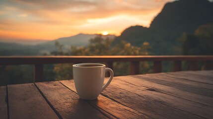 Aufkleber - White coffee cup standing on wooden table of balcony with beautiful sunset over mountains
