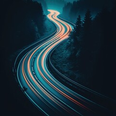 Poster - Dynamic highway view capturing light trails from speeding vehicles under night sky illumination