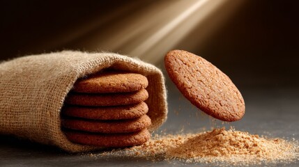 Poster - A single gingerbread cookie is gently lifted from a burlap sack on a sunlit kitchen counter, surrounded by warm golden tones, creating a cozy atmosphere