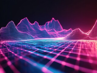 Fototapete - Futuristic neon landscape with digital mountains and grid patterns